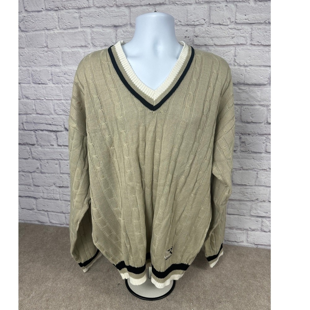VTG‎ Y2K ROOKY Mens Tan Cable Knit V Neck Sweater XL Golf Sportswear NEW